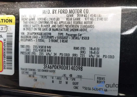 2013 Ford Fusion Titanium z USA, uszkodzony, nr VIN 3FA6P0K90DR140398